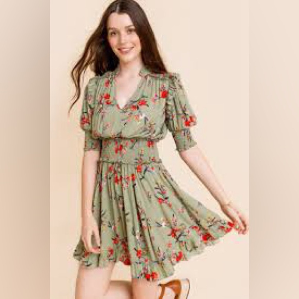Blue Rain Pink Wrap Sundress with Puff Sleeves